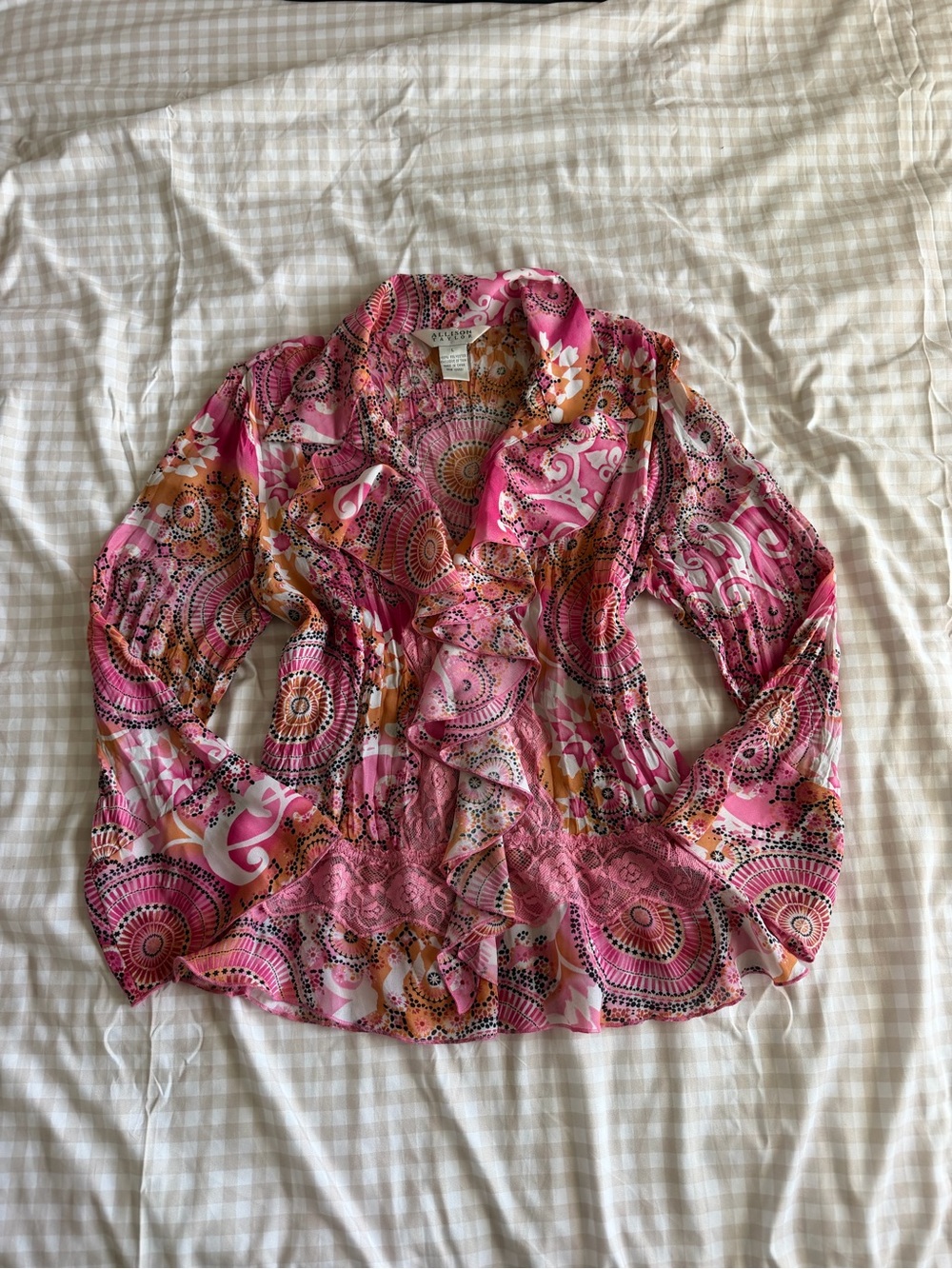 Allison Taylor Pink Sheer Paisley Ruffle Blouse with Lace Detail (L)